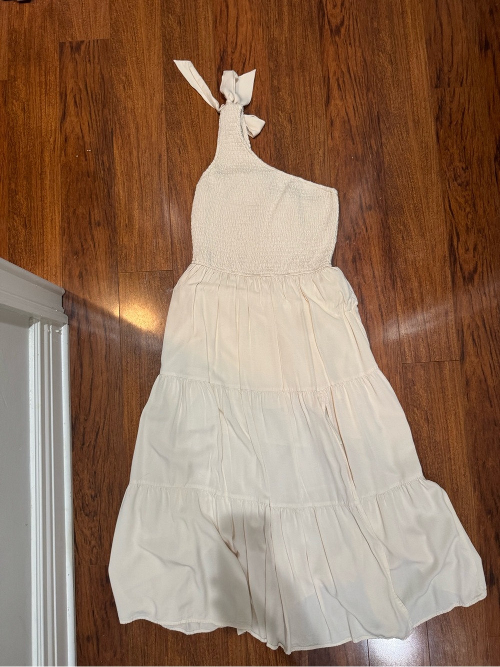 One-Shoulder Ivory Tiered Sundress with Tie Strap